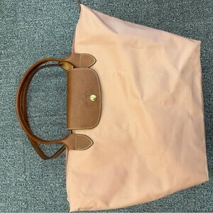 Pink Tote Bag with Brown Trim - Classic Longchamp Le Pliage